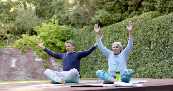 庭でヨガ瞑想を実践する多彩なシニアカップル レジャー 健康的なライフスタイル トータルネスと自然のコンセプト 変わらない — ストック動画