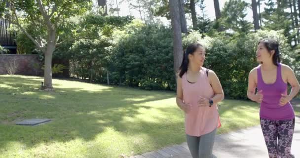 Happy Asian Female Friends Running Garden Sunny Day Slow Motion — Stock Video