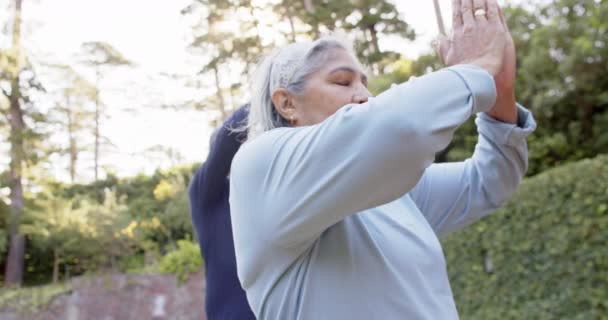 Diversa Pareja Personas Mayores Que Practican Meditación Yoga Jardín Jubilación — Vídeos de Stock