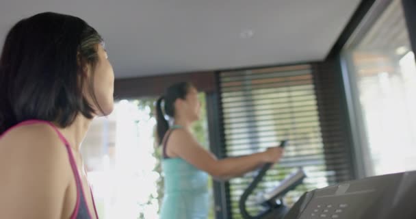 Glückliche Asiatische Freundinnen Die Sonnigen Heim Fitnessstudio Zeitlupe Trainieren Und — Stockvideo