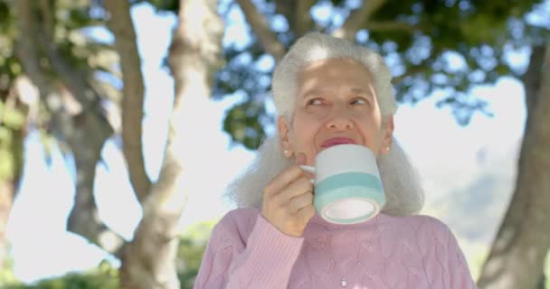Щаслива Старша Жінка Каву Балконі Вдома Повільний Рух Домашнє Життя — стокове відео