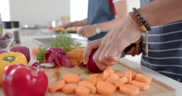 Zróżnicowana Para Przygotowująca Świeże Warzywa Krojąca Kuchni Zwolnione Tempo Życie — Wideo stockowe
