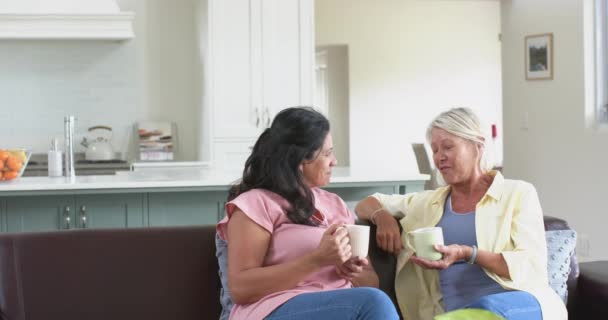Kahveli Mutlu Yaşlı Kadınlar Güneşli Oturma Odasındaki Kanepede Gülüyorlar Ağır — Stok video