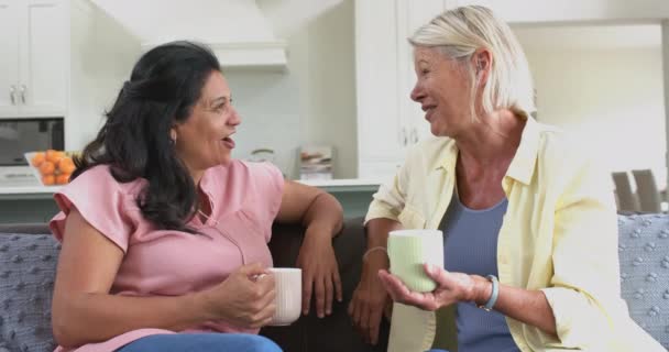 Feliz Diversas Mujeres Mayores Con Café Discutiendo Riendo Sala Estar — Vídeo de stock