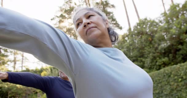 Concentrat Diverși Seniori Care Practică Yoga Grădină Pensionarea Petrecerea Timpului — Videoclip de stoc