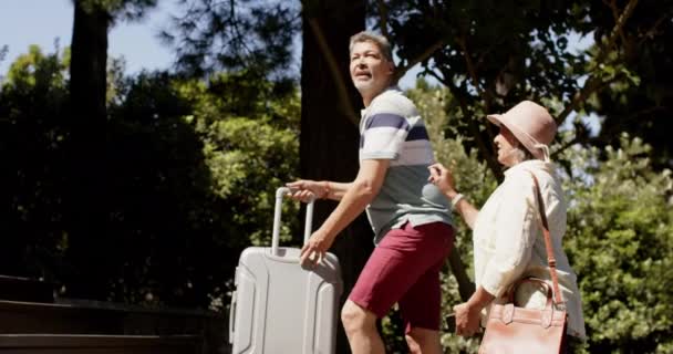 Boldog Változatos Idős Pár Akik Bőröndökkel Sétálnak Egy Napfényes Házig — Stock videók