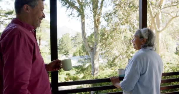 Çift Irklı Mutlu Çift Pencerede Kucaklaşıyor Konuşuyor Çay Içiyor Emeklilik — Stok video