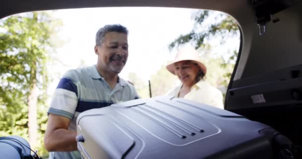 快乐多样的老夫妇在户外为一辆阳光灿烂的汽车打包行李 旅行和自然概念 — 图库视频影像