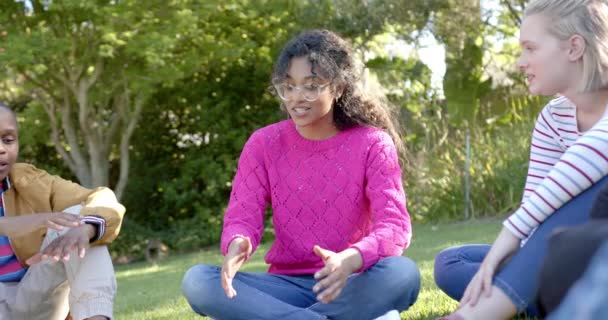 Feliz Grupo Diversificado Amigos Adolescentes Sentados Grama Conversando Parque Ensolarado Videoclipe