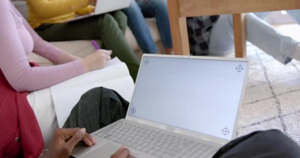 Diverso Grupo Amigos Adolescentes Sofá Usando Laptop Com Espaço Cópia — Vídeo de Stock