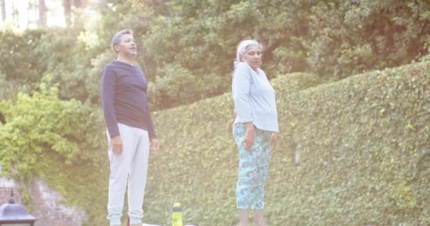 Focalizzato Diverse Coppie Anziane Che Praticano Yoga Giardino Pensionamento Tempo — Video Stock