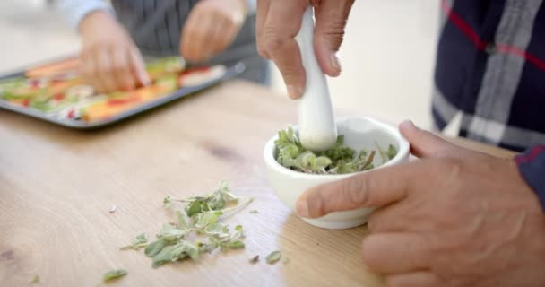 Midsection Cozinha Par Sênior Diverso Cozinha Preparando Ervas Verduras Câmera — Vídeo de Stock