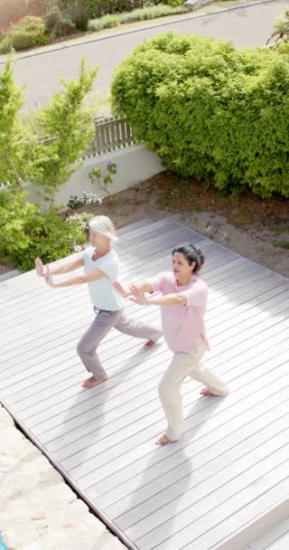 Două Femei Vârstă Fericite Care Practică Yoga Grădina Însorită Mișcare — Videoclip de stoc