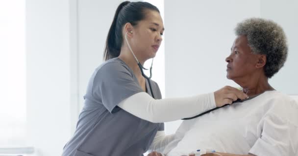 さまざまな女性医師が 病院の部屋でステートスコープを使用して上級女性患者をテストし 動きが遅い 医療サービス 変わらない — ストック動画