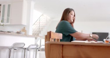 Düşünceli, melez bir kadın çay içiyor ve evinde laptop kullanıyor. Kopya alanı, ağır çekim. Uzaktan çalışma, iletişim, ev hayatı ve yaşam tarzı, değiştirilmemiş.