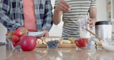 Mutfakta sağlıklı meyve püresi hazırlayan farklı eşcinsel çift, yavaş çekimde. Yiyecek, beslenme, gay, ilişki, birliktelik, ev hayatı ve sağlıklı yaşam tarzı, değişmemiş.