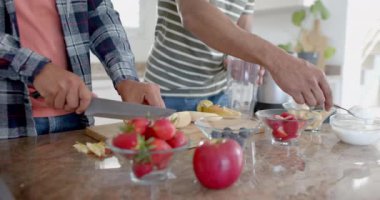 Çeşitli eşcinsel erkek çiftlerin orta kesimi mutfakta sağlıklı meyve kokteyli hazırlıyor, ağır çekimde. Yiyecek, beslenme, gay, ilişki, birliktelik, ev hayatı ve sağlıklı yaşam tarzı, değişmemiş.