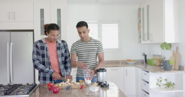 Glad Olika Homosexuella Manliga Par Förbereder Hälsosam Frukt Smoothie Köket — Stockvideo