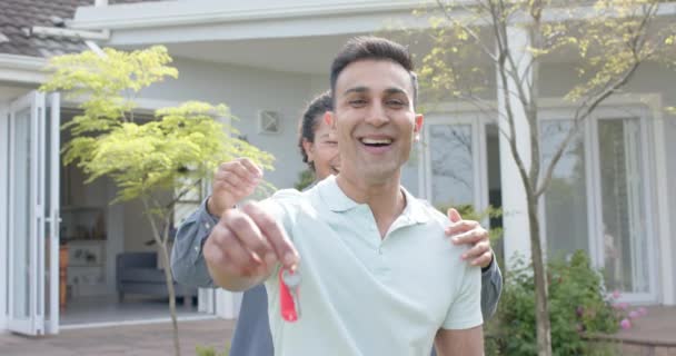 Portrait Happy Diverse Gay Male Couple New House Keys Embracing — Stock Video