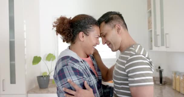 Happy Diverse Gay Male Couple Embracing Slow Dancing Kitchen Slow — Stock Video