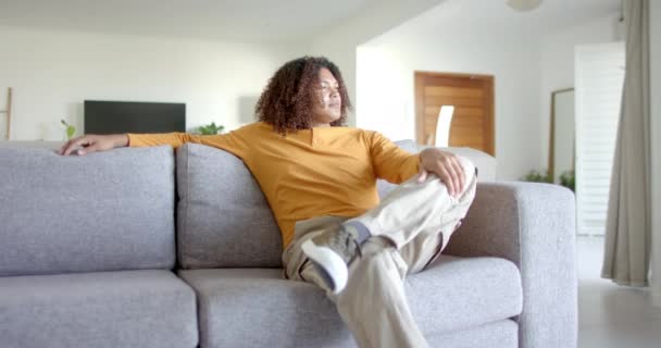 Retrato Homem Biracial Feliz Com Cabelos Longos Sentado Sofá Sorrindo — Vídeo de Stock