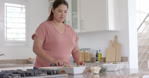 ハッピープラスサイズの女性は野菜をチョッピングし キッチンで食事を作り スペースをコピーし ゆっくり動きます 食べ物 家庭生活 健康的なライフスタイル 変わらない — ストック動画