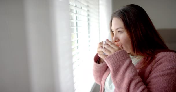 Artı Iki Boyutlu Kadın Çay Içiyor Yatak Odasının Penceresinden Dışarı — Stok video