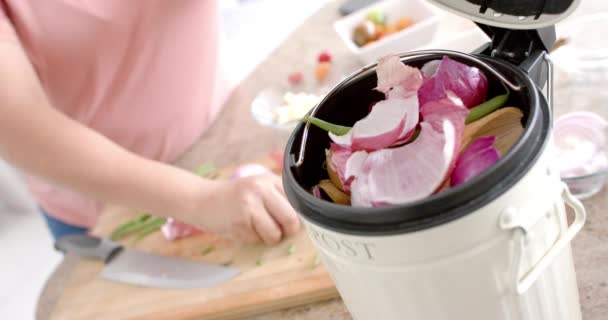 Środkowa Część Rozmiar Biracial Kobieta Kompostowanie Odpadów Warzywnych Kuchni Zwolniony — Wideo stockowe