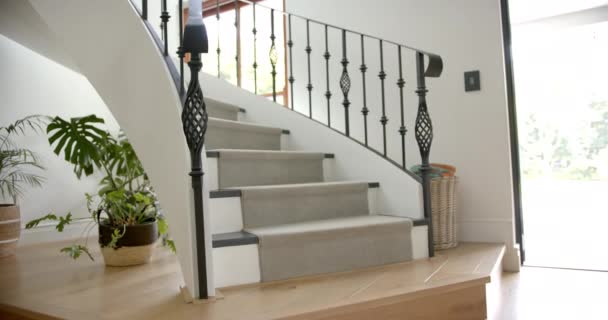 豪華な家の軽い廊下のカーペットの螺旋の階段およびズボン スペースをコピーして下さい ゆっくり動き インテリアデザイン 家庭生活 ライフスタイル — ストック動画