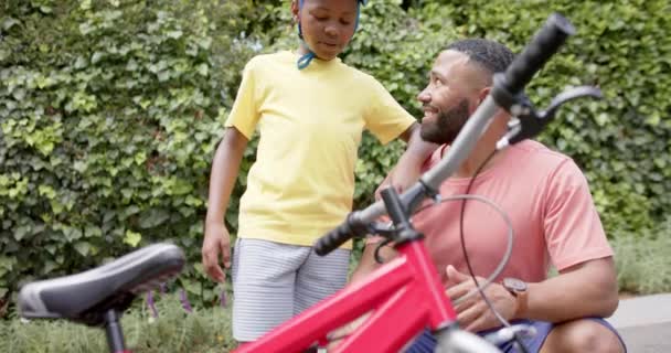 Feliz Pai Filho Afro Americano Com Cinco Anos Bicicleta Jardim — Vídeo de Stock