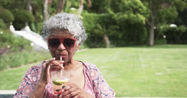 Старша Афроамериканка Сонцезахисних Окулярах Коктейль Саду Копіює Простір Повільно Рухається — стокове відео