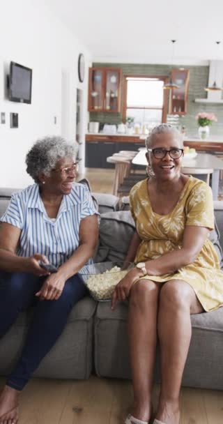 Vertikal Video Äldre Afrikanska Amerikanska Kvinnliga Vänner Tittar Kopiera Utrymme — Stockvideo