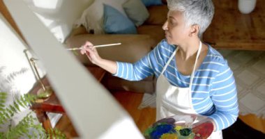 Önlük takan ve evdeki büyük tuvale resim yapan yaşlı, çift ırklı bir kadın. Ağır çekimde. Ev hayatı, sanat, emeklilik ve yaşam tarzı, değişmedi..