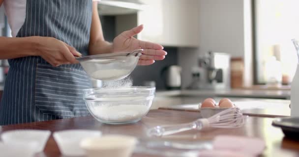 Happy Biracial Woman Biracial Woman Apron Sieving Flour Baking Kitchen — Stok Video