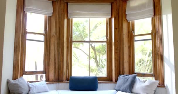 Duży Salon Kanapą Pigułkami Dużych Drewnianych Oknach Dom Desing Architektura — Wideo stockowe