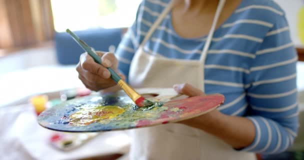 自宅でパレットに色を混ぜたハッピーシニアの女性の肖像画 ゆっくりとした動き 国内生活 アート 引退生活 ライフスタイル — ストック動画