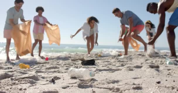 Zróżnicowani Przyjaciele Uczestniczą Sprzątaniu Plaży Przestrzenią Kopiowania Grupa Demonstruje Odpowiedzialność — Wideo stockowe