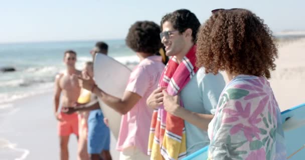 Różnorodni Przyjaciele Cieszą Się Słonecznym Dniem Plaży Przestrzenią Kopiowania Śmiech — Wideo stockowe