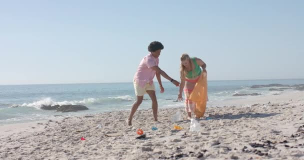 Молодая Белая Женщина Афроамериканец Убирают Пляж Копировальным Пространством Демонстрируют Экологическую — стоковое видео