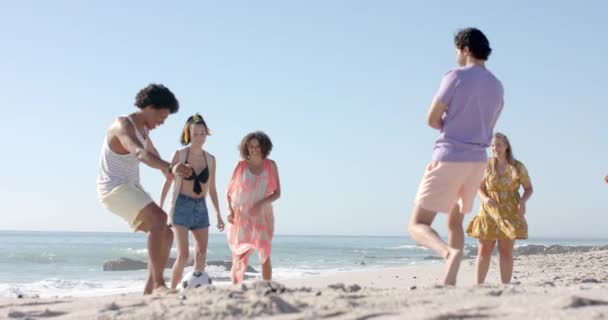 Diversos Amigos Disfrutan Tranquilo Paseo Por Playa Con Espacio Para — Vídeos de Stock