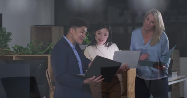 Diverse Business Office Team Reviews Documents Copy Space Biracial Man — Stock Video