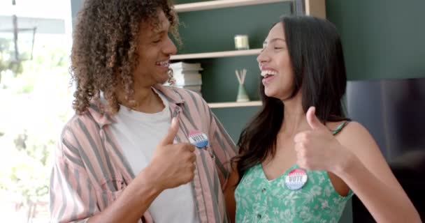 Biracial Couple Shows Voted Stickers Home Share Moment Pride Joy — Stock Video