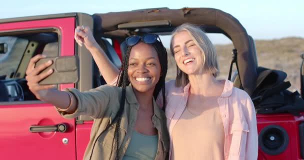 年轻的非洲裔美国妇女和年轻的白人妇女外出旅行时自拍 他们的快乐是可以感觉到的 因为他们在一次风景秀丽的旅行中捕捉了回忆 动作缓慢 — 图库视频影像