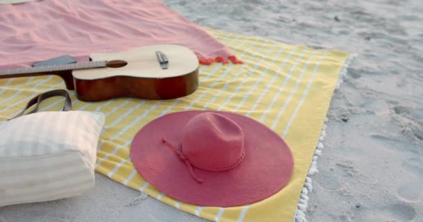 Гітара Рожевий Капелюх Відпочивають Пляжній Ковдрі Копіювальним Простором Пляжні Аксесуари — стокове відео