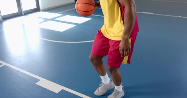 Афроамериканец Держит Баскетбольный Мяч Спортзале Готов Игре Демонстрирует Спортивные Навыки — стоковое видео