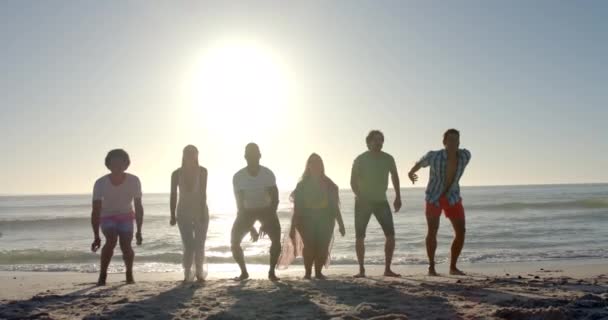 Zróżnicowani Przyjaciele Skaczą Radośnie Słonecznej Plaży Ekscytacja Grupy Odzwierciedla Esencję — Wideo stockowe