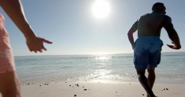 Různí Přátelé Užívají Slunečný Den Pláži Kopírovacím Prostorem Smích Šplouchání — Stock video