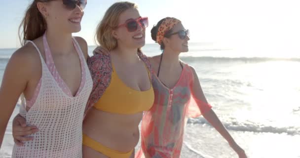 3人の若い女性が日当たりの良いビーチを楽しみます 笑いと喜びは 海辺の雰囲気 ゆっくりとした動きを受け入れるように明らかです — ストック動画