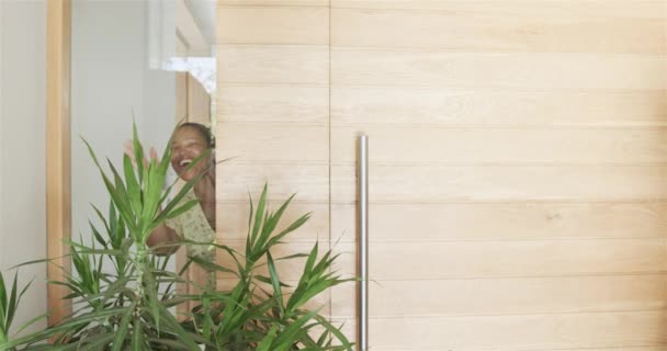 Moderní Domácí Interiér Dřevěnými Stěnovými Panely Kopírovacím Prostorem Zelené Rostliny — Stock video