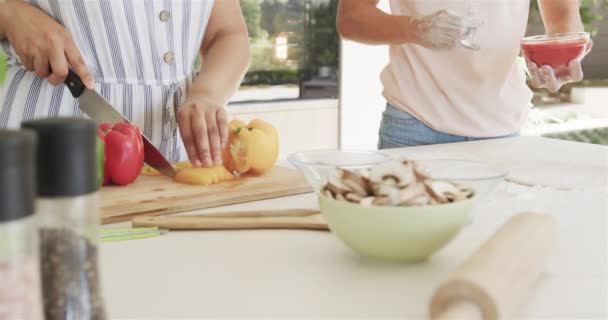 2人はピザを作るなど 明るい家庭用キッチンで食べ物を準備しています 新鮮な食材は 健康的な調理セッションが進行中であることを示唆しています 遅い動き — ストック動画